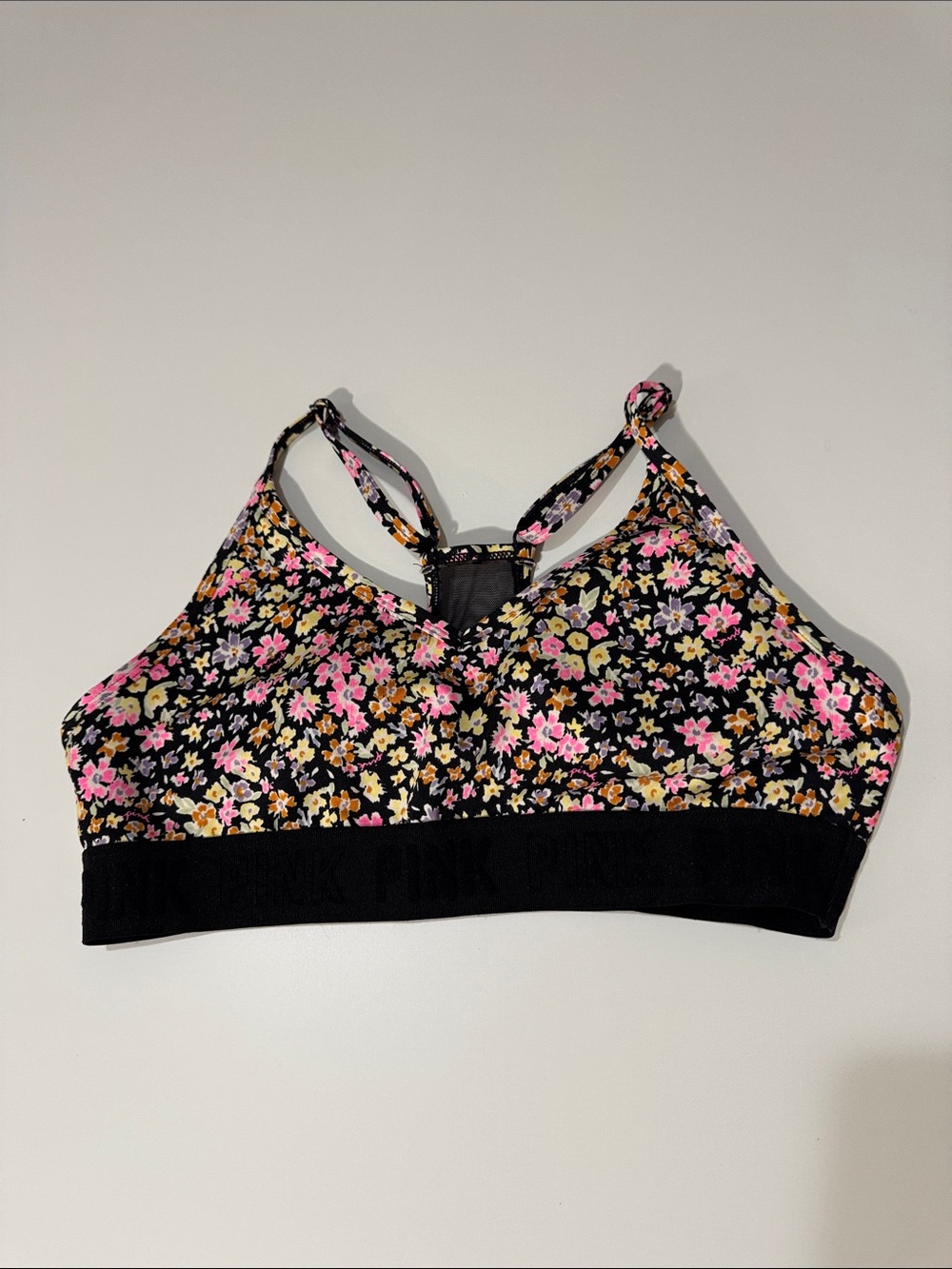 Active USA Floral Racerback Sports Bra - Black with Pink & Yellow Flowers